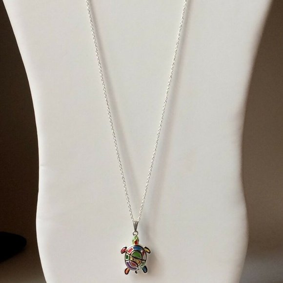 Silver Sea Life Turtle Necklace 24" Chain Nautical Island Beach Plated Plus Size - Picture 3 of 10